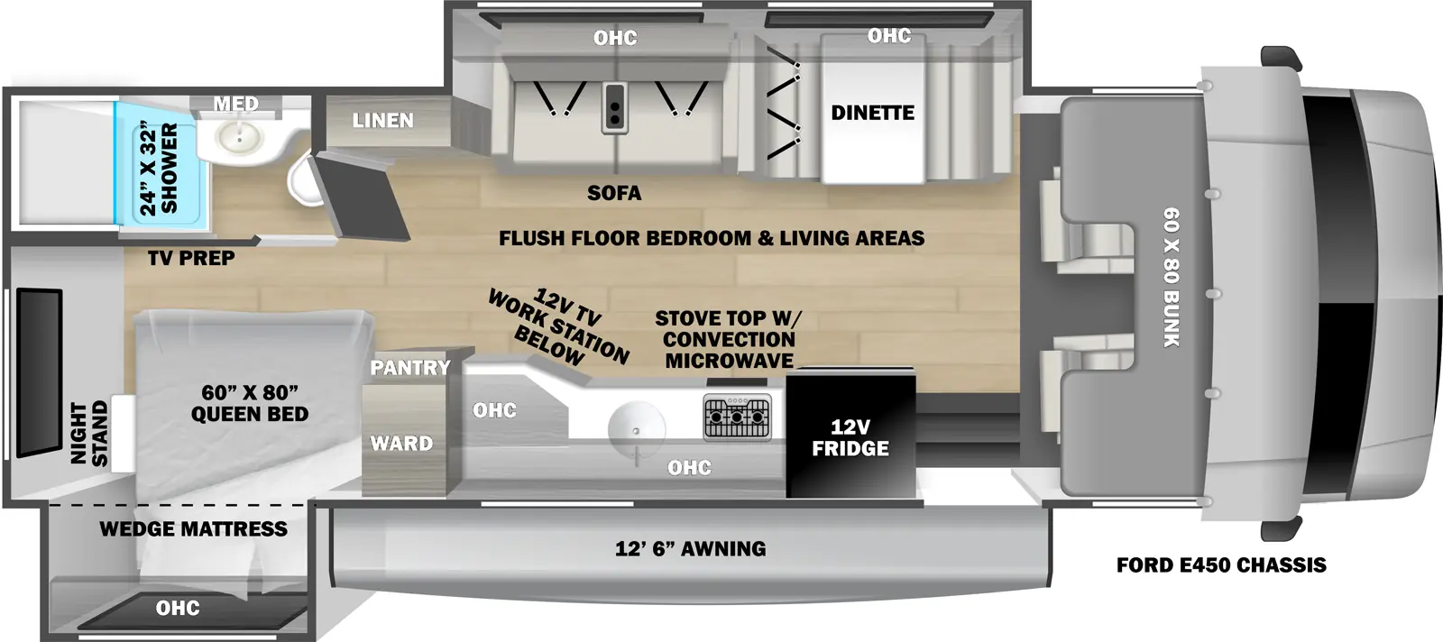 The 2551DSLE has 2 slide outs, 1 on the off-door side and 1 on the door side. Exterior features include a 12 ft. 6 in. awning and it is built on the Ford E-450 chassis.  Interior layout from front to back includes: front 60 x 80 cab over bunk; off-door side slide out holding a sofa, overhead cabinet and dinette; door side kitchen with an overhead cabinet, 12V TV with workstation below, sink, stovetop with convection microwave and 12V refrigerator; off-ddor side linen storage; rear off-door side corner bathroom with 24 x 32 shower, toilet, sink and medicine cabinet; door side corner bedroom with 60 x 80 Queen bed with wedge mattress, overhead cabinet and wardrobe.